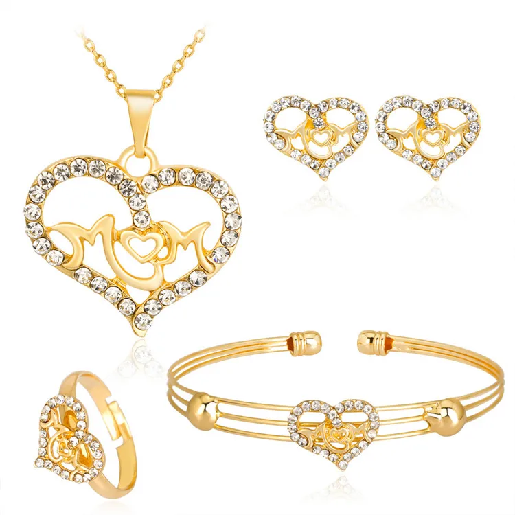 

Exquisite Set Series Exquisite Alloy Diamond Heart-Shaped Mom Necklace And Earrings Four-Piece Set, Silver, gold