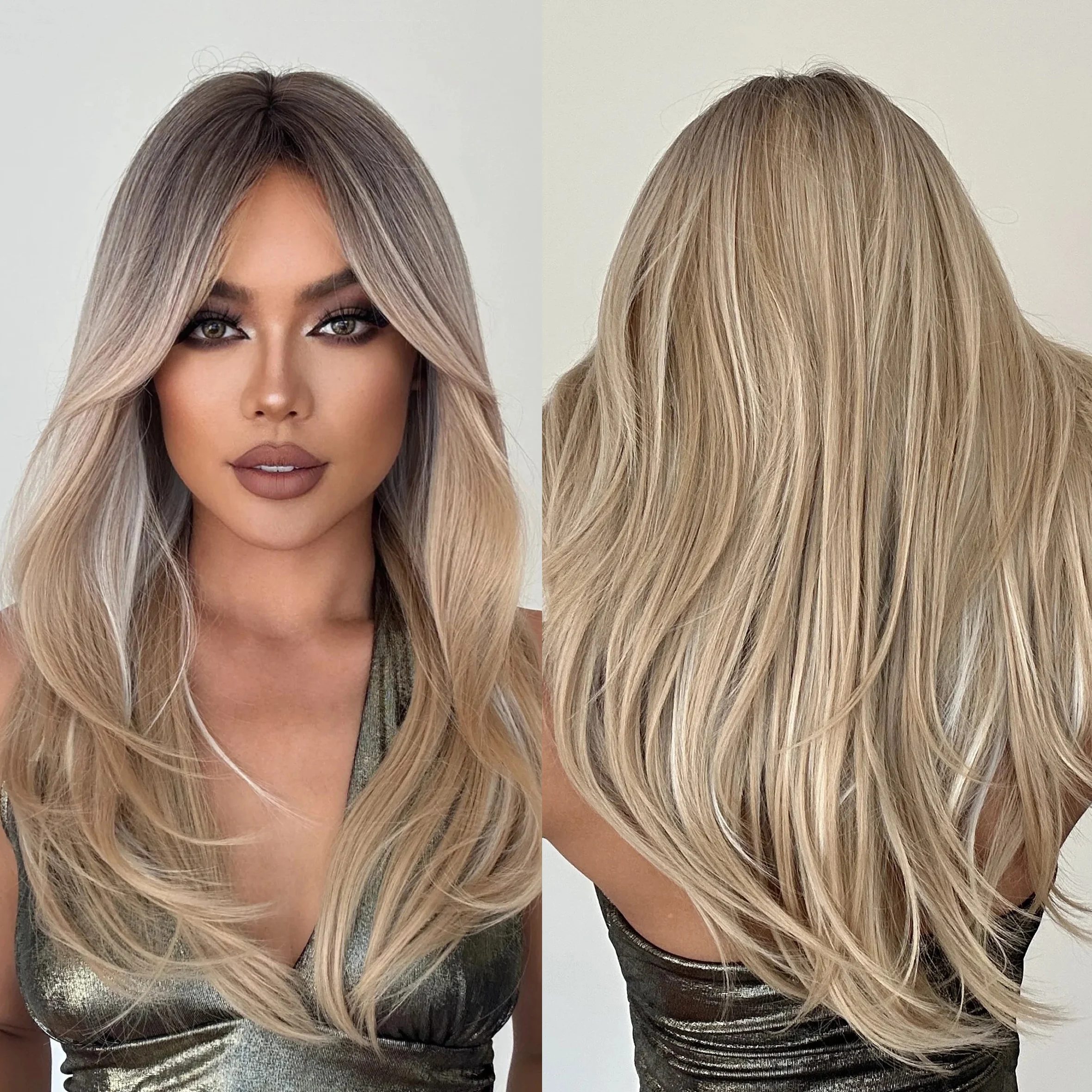 Black Hair Root Gold Layered Wig Straight Hair Wig with Bangs Women's Heat Resistant Fiber Matte Durable Real Scene Photo