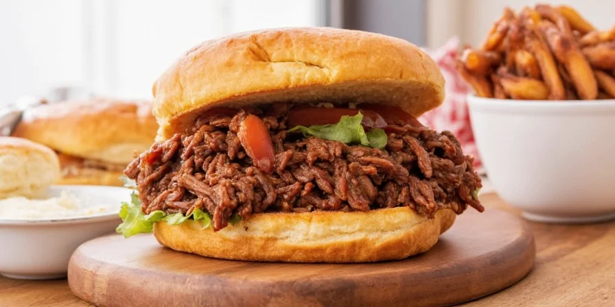 Delicious pulled beef sandwich served with coleslaw and fries