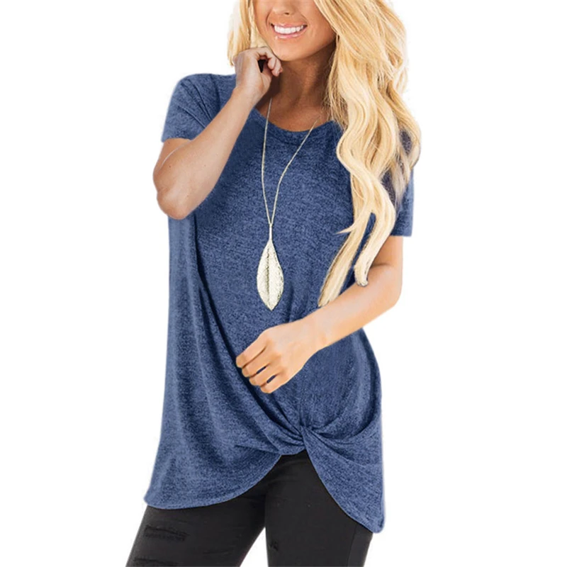 

Women's Casual Fashion Twist Knotted Blouses Short Sleeve Round Neck T Shirt, Customized colors