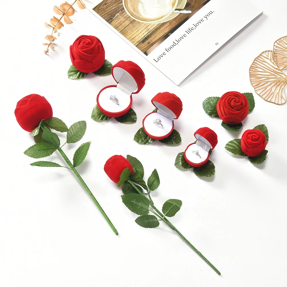 

Valentine's Day Gift 5 cm Red Rose Shaped Velvet Jewelry Wedding Ring Box With Stem
