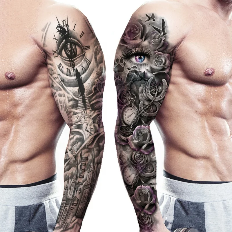 

Men Large Arm Sleeve Black Sexy Waterproof Temporary Tattoo Sticker Full Arm Big Skull Flower Tattoo Stickers Flash Tattoos, Colorful