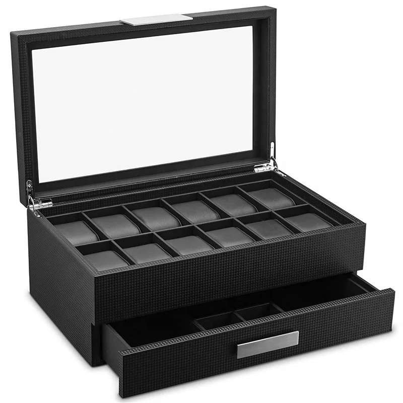 

Black men and women apply 12 slots PU leather watch box with jewelry display lockable watch storage box, Customer logo