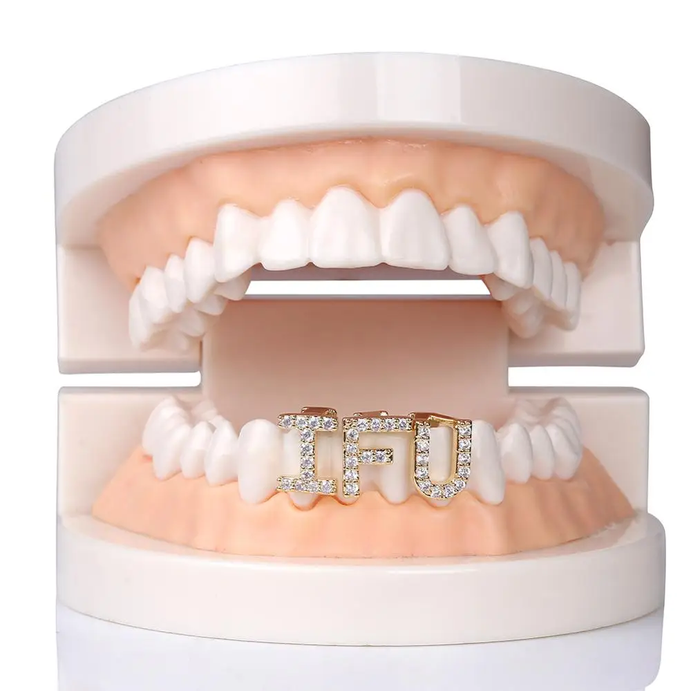 

Hechuang Single Letter Hip Hop Grillz Teeth Bling Alphabet Teeth Grills 26 Capital Letter Braces Single Iced Teeth Grillz, Silver/gold