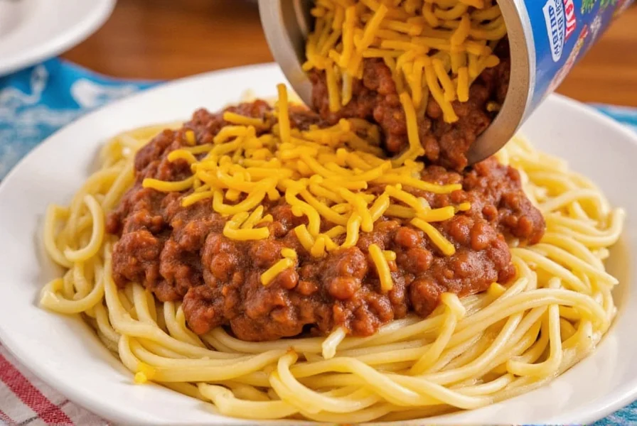 Canned Skyline chili poured over spaghetti with melted cheddar cheese in traditional Cincinnati 3-way presentation