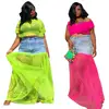 women stylish beading mesh patched denim jeans maxi skirt ML5091