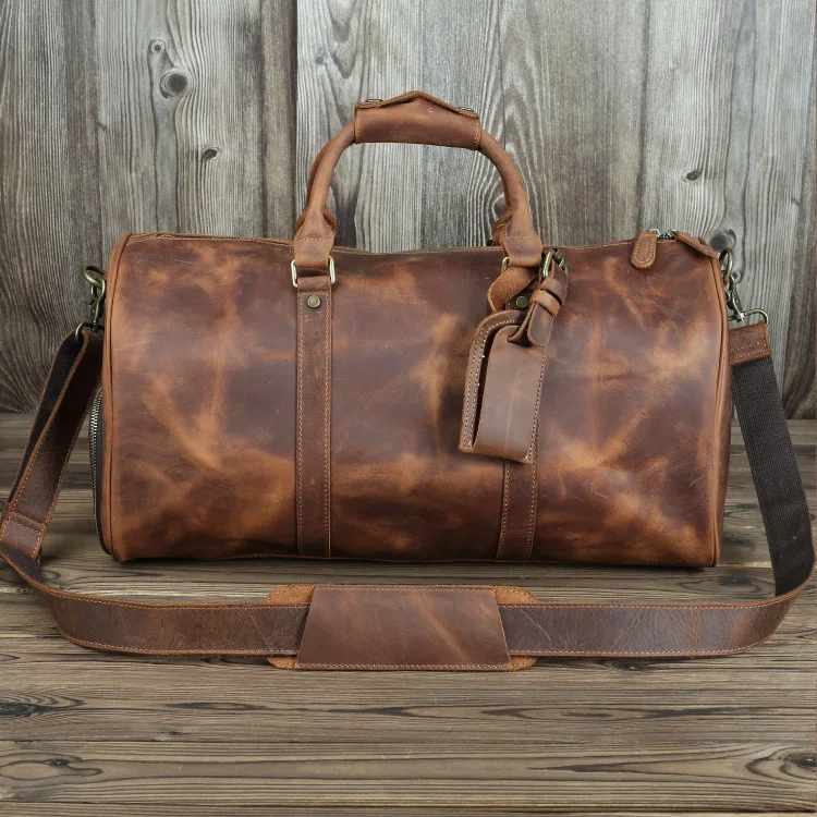 

Vintage Crazy Horse Leather Men's Travel Duffle Luggage Bag With Shoes Compartment Bag, 4 colors