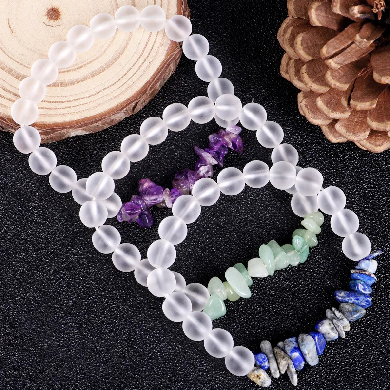 

White crystal beaded bracelet with irregular broken agate amethyst sands tiger eye pendant bracelet for women jewelry