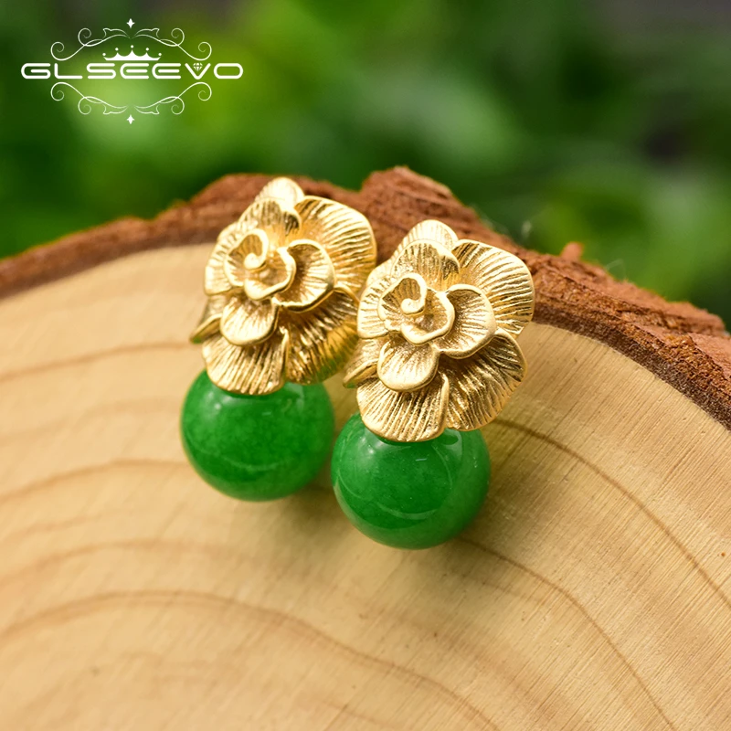 

925 Sterling Silver Ear Pin Natural Round Jade Drop Earrings For Women Plant Leaves Wedding Earrings Jewellery