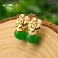 

GLSEEVO 925 Sterling Silver Ear Pin Natural Round Jade Drop Earrings For Women Plant Leaves Wedding Earrings Jewellery GE0336B