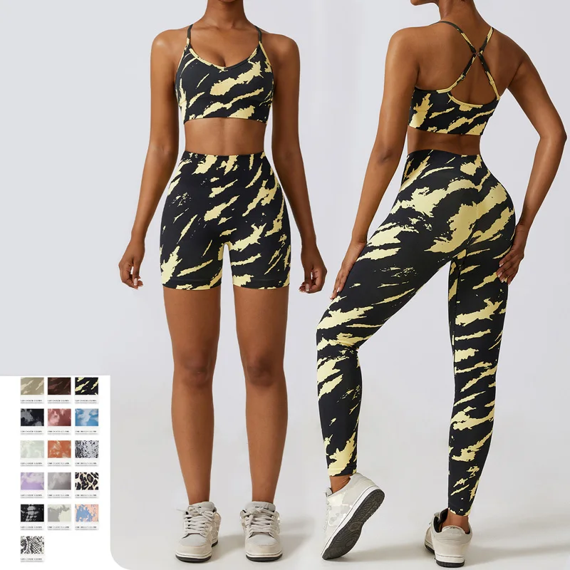 

SHINBENE Printed 2 Pieces Outfits Women Seamless Camo Tight Bra Workout Leggings Sets Sports Biker Shorts Suits