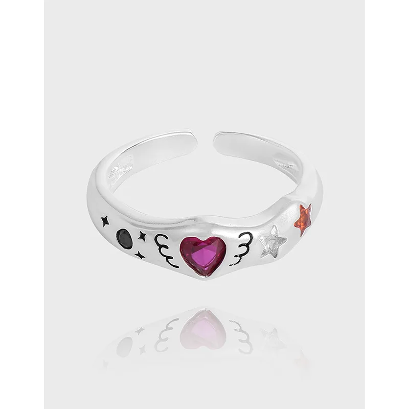 Fashion Wild Star Heart Zircon Paved Wedding 925 Sterling Silver Open Finger Rings for Girls Fine Jewelry