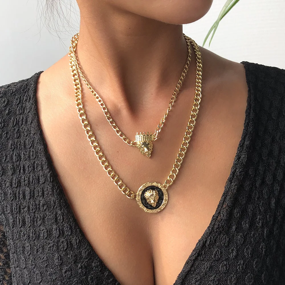 

Retro wind Lion head crown pendant alloy multi - layer necklace for women