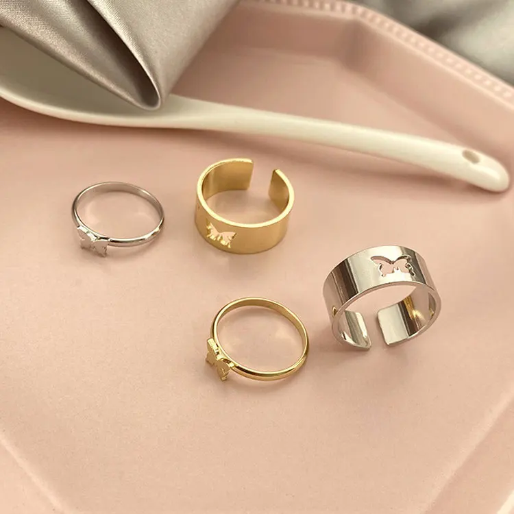 

Tiktok Butterfly Pinky Promise Ring Jewelry Set 2 Pcs Women Gold Silver Color Hollow Butterfly Couple Wedding Rings 2021 New, Gold color, silver color