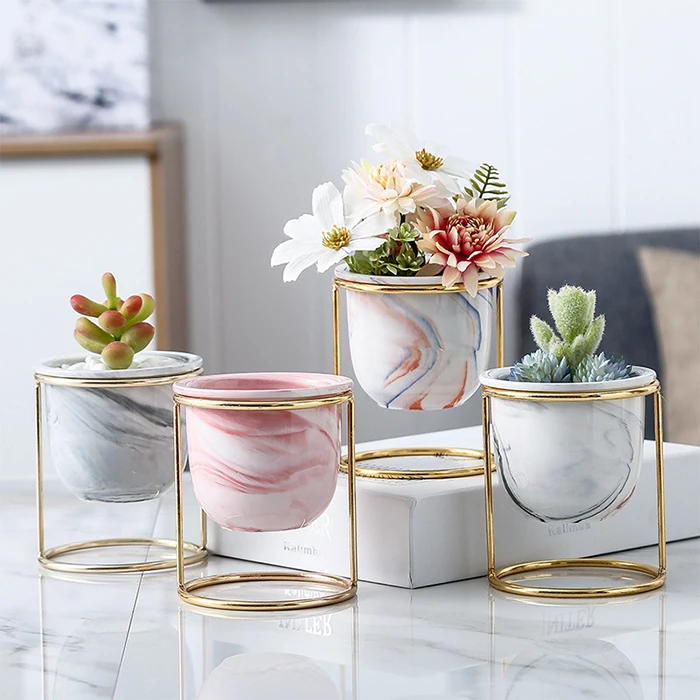 

Plant Container Ceramic Flower Pot Metal Stand Planter, As show or customized