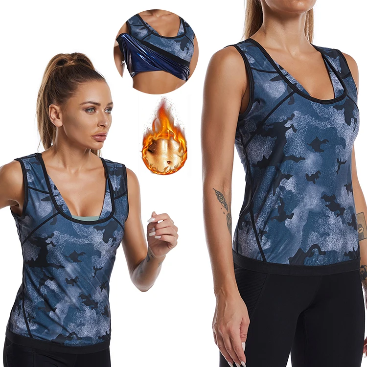 

Camouflage Printed Hot Sweat Body Shaper Slimming Fitness Workout Gym Clothes Plus Size Weight Loss Sauna Vest Women, Blue camouflage