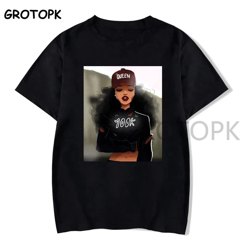 

Wholesale Black Girl Magic Poppin Female T-shirt Queen Melanin Print Harajuku Hip Hop Rock Black Tshirt Summer Women Streetwear, Picture showed