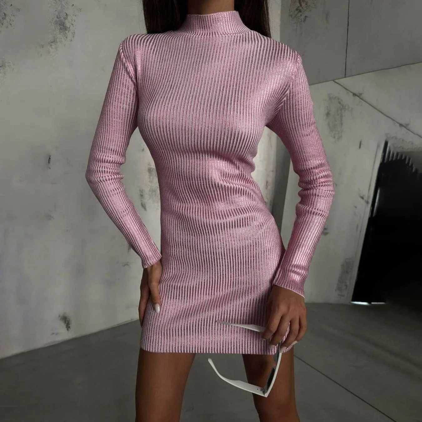 

OUDINA Sexy Style Short Dresses Women Glossy Bronzing Winter Advanced Slimming Long Sleeve Bodycon Dress