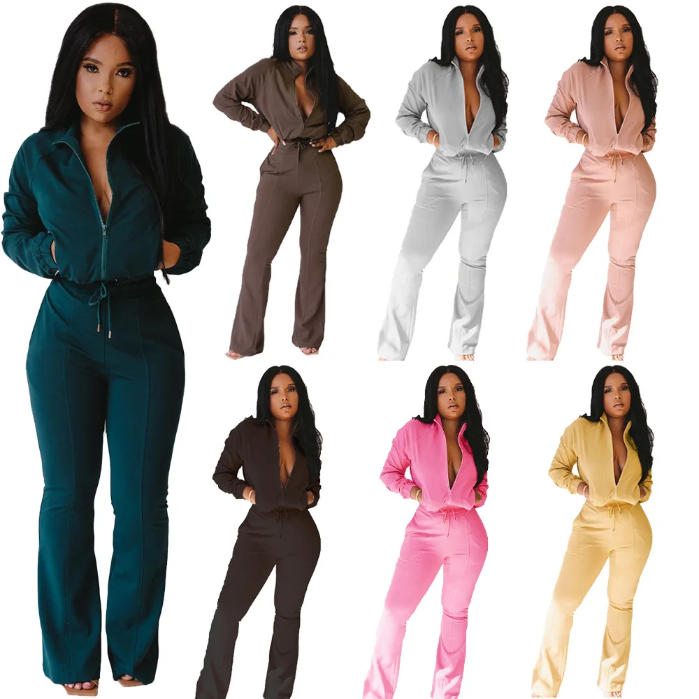 

Hot Sale Casual Ladies 2 Piece Outfit Solid Color Yoga Wear Clothing Autumn Women Tracksuit Flare Pants Set