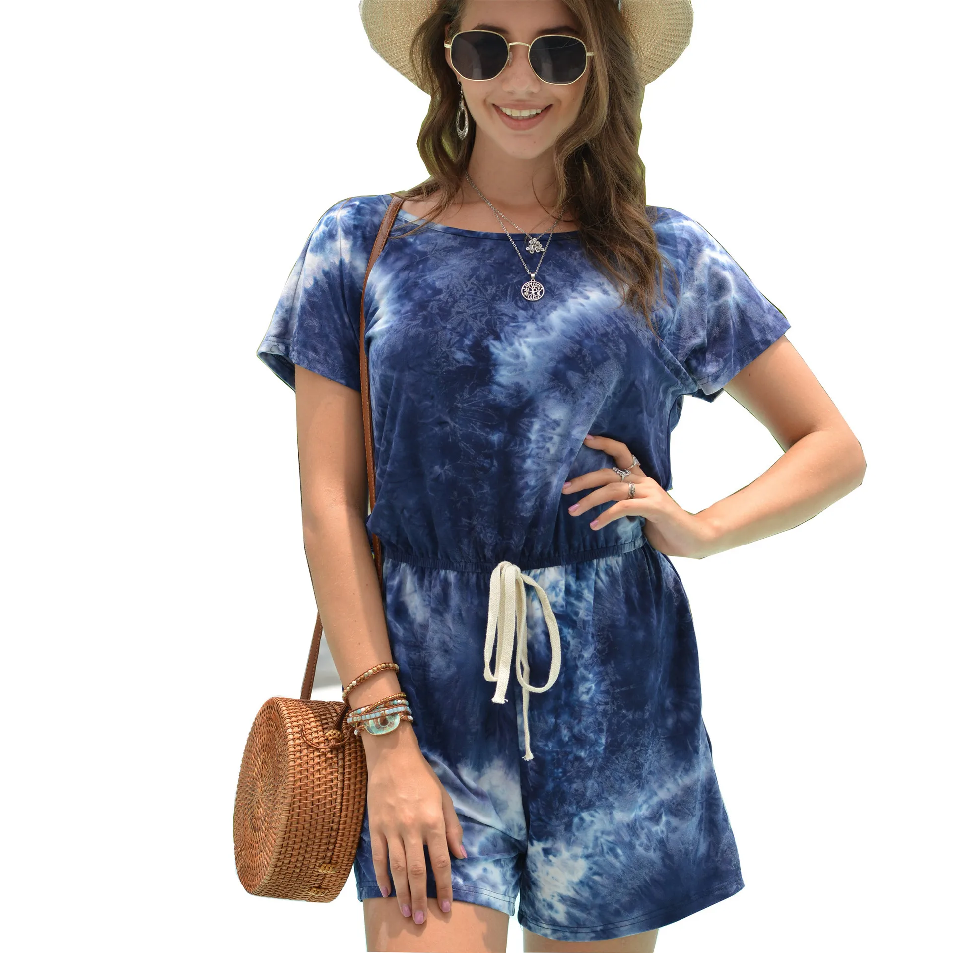 

Women's Round Neck Short Sleeve Fashion Drawstring Short Tie Dyed Jumpsuit, As show