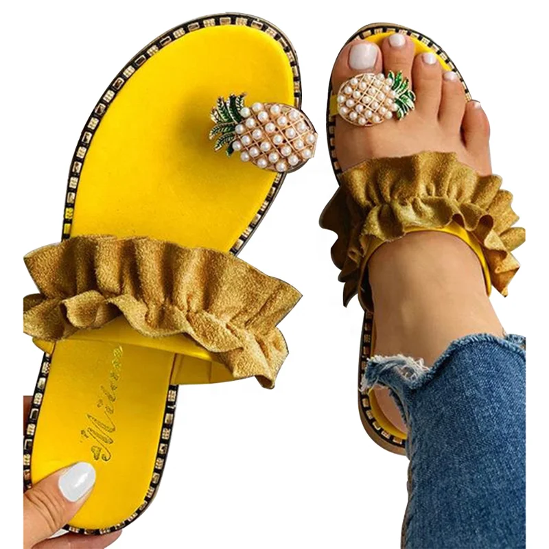 

Hotselling wholesale cheap fashion summer sandal pineapple rhinestone girl lady slipper slide manufacturer flat slipper woman, Optional
