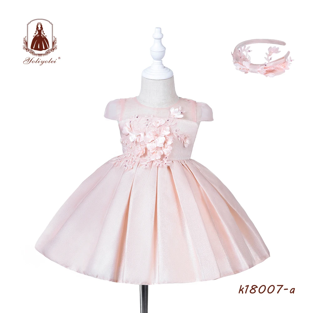 

New hot sale baby summer lace flower party pink beautiful girl dress
