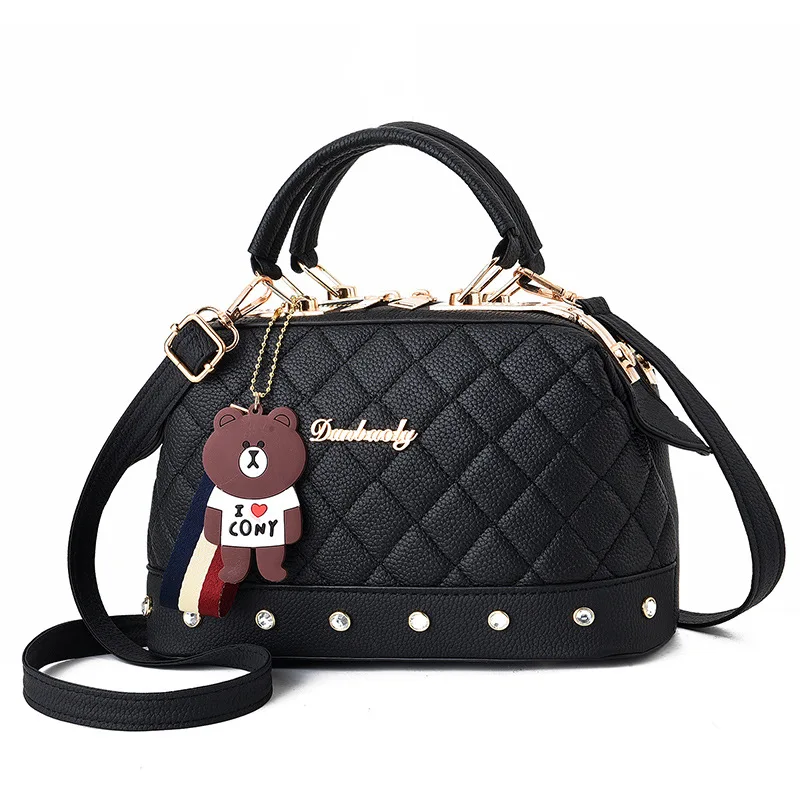 

Wholesale New Trendy High Quality Leather Diamond Lattice Pattern Cute Bear Pendant Woman Shoulder Bag Handbag, White,black,purple,khaki,red,blue,grey,pink