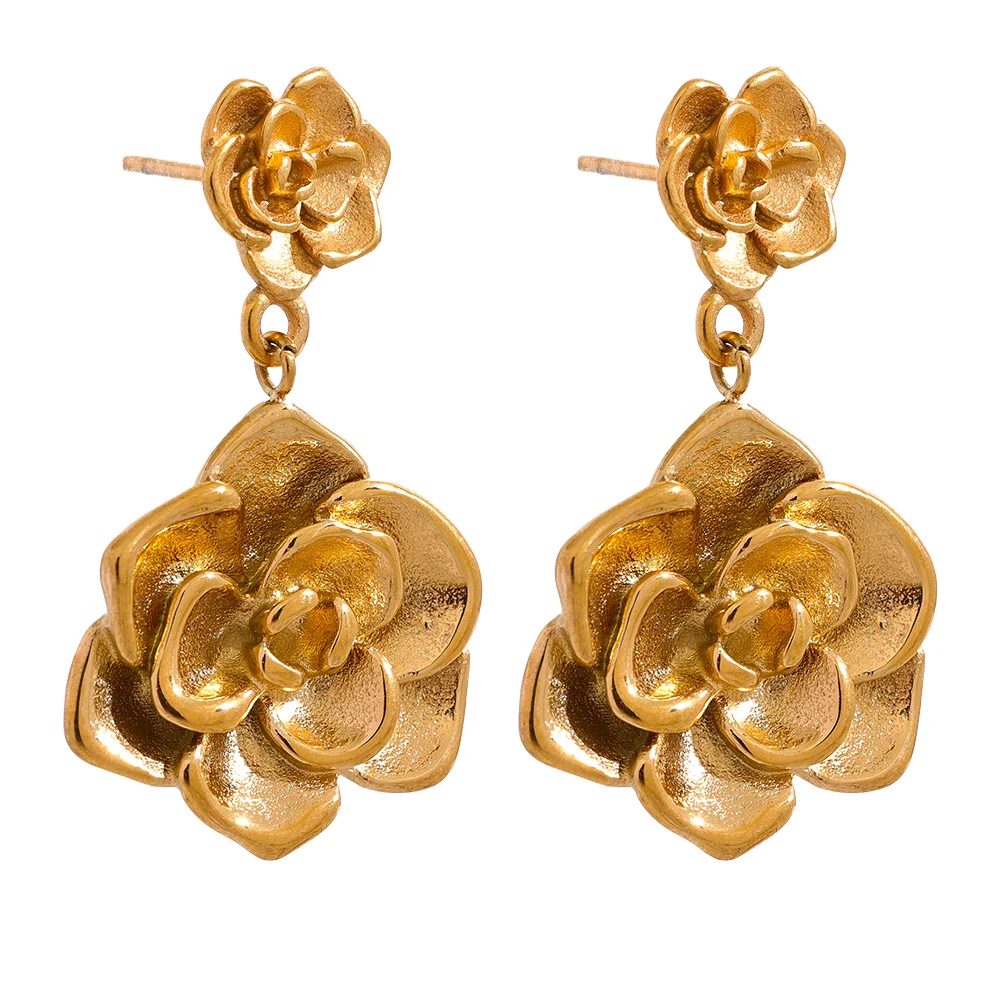 

JINYOU 847 Fashion Stainless Steel Flower Dangle Earrings Waterproof Gold Color Prevent Allergy Metal Texture Jewelry Summer