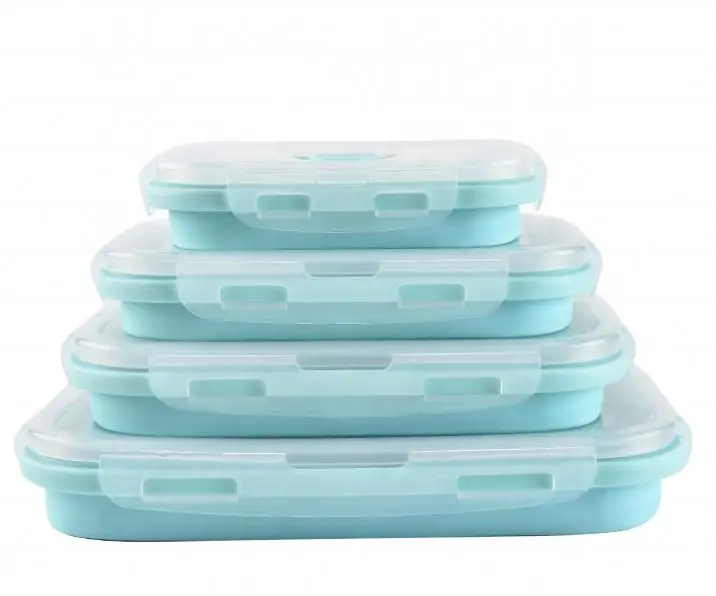 

wholesale Food Folding Silicone Storage Containers Collapsible lunch silicone box With Fork, Green, pink, blue and customized