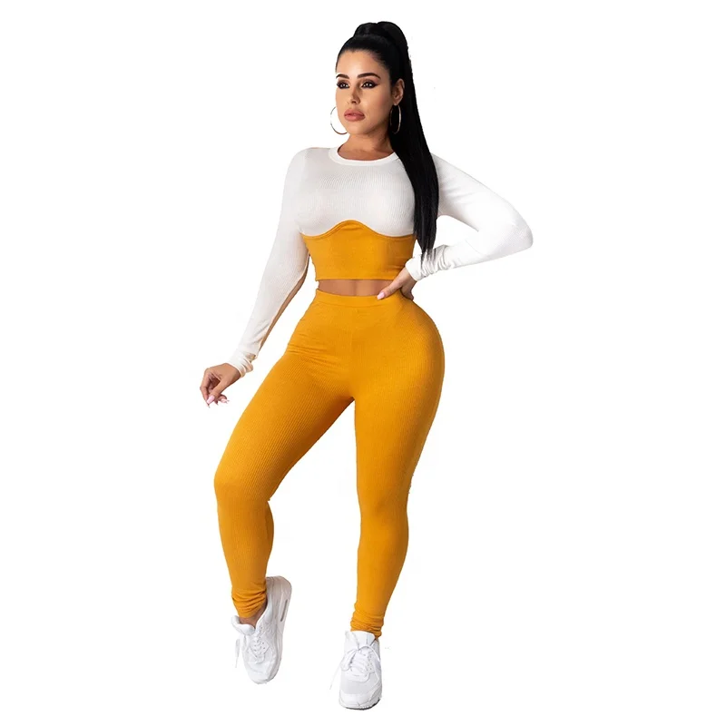 

DALL ladies spring stacked joggers outfits long sleeve color contrast women bodycon two piece pants set 2021, As picture or customized make