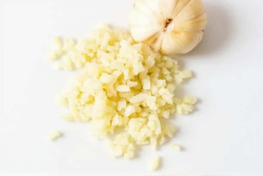 Garlic cloves being minced on cutting board with measuring spoons showing volume equivalents