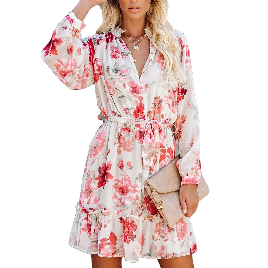 

Retro Tie Dye Printing Deep V-neck Long Sleeve Belt Dress High Waisted A-line