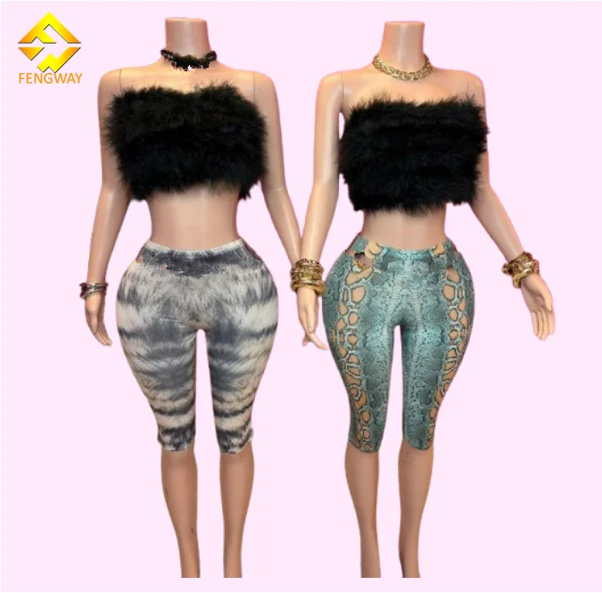 2025 Summer Female Sexy Faux Fur Tube Top with Print Shorts Two Piece Shorts Sets for Women
