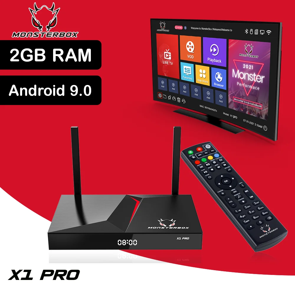 

2021 New Patent Design Monsterbox X1 Pro 2GB RAM 16GB ROM Hot Selling Android 9.0 Superbox TV 4K North America Smart Iptv Box, Black
