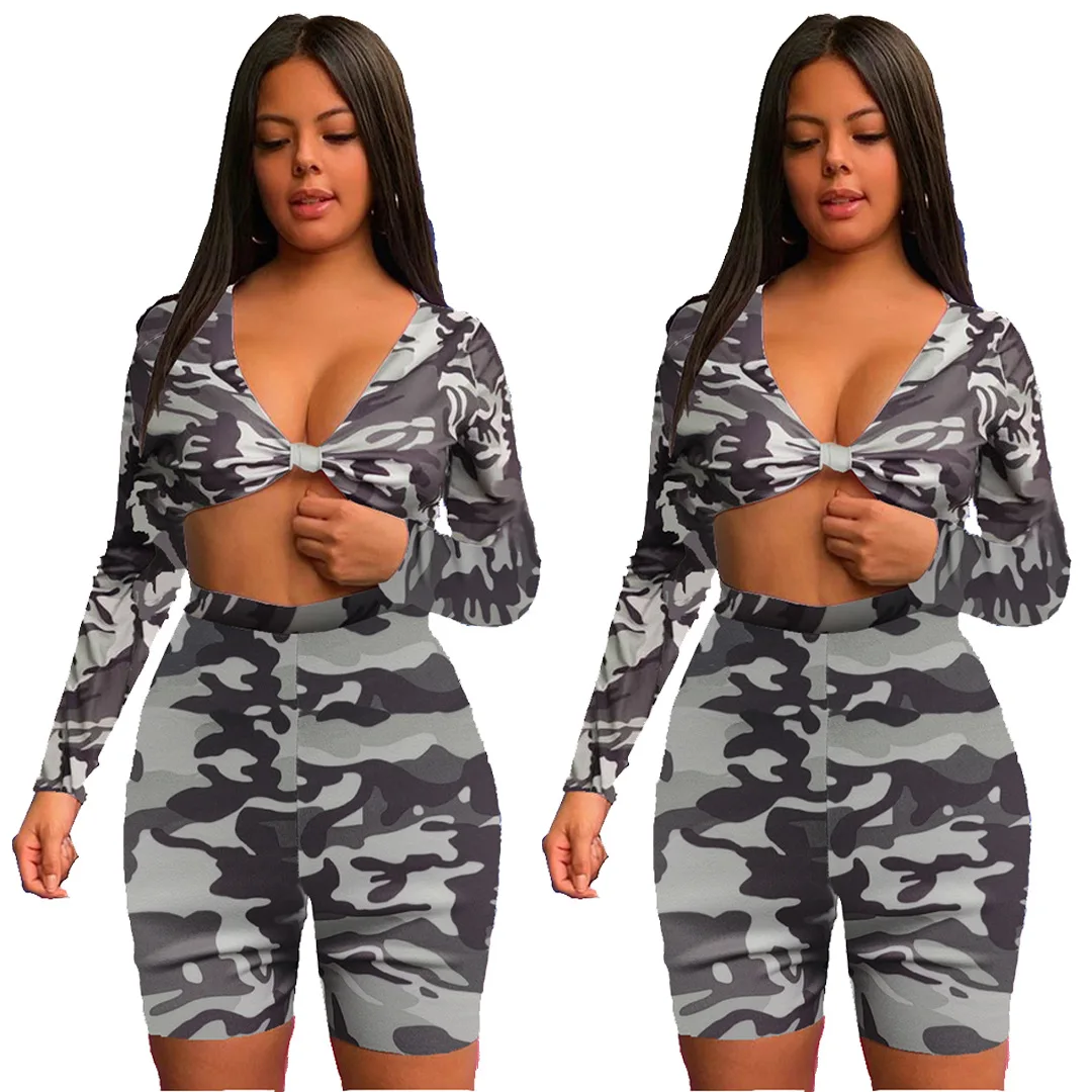 

WW-1389 Strapless Stitching Sexy Long-sleeved Pants Camouflage Two-piece Outfit Sexy Two Piece Long Sleeve Short Set Women, Customized color