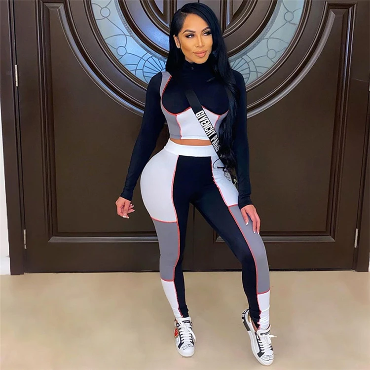 

S0986-casual long sleeve crop top with jogger suit two piece set women 2pc outfits