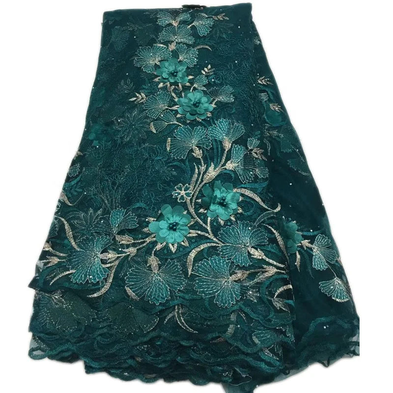 

Wedding dress african 3d flower dark green lace fabric beads embroidery, Accept customized color