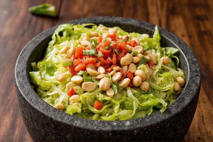 Vibrant green papaya salad (som tum) with visible red chilies, tomatoes, and peanuts in a traditional mortar