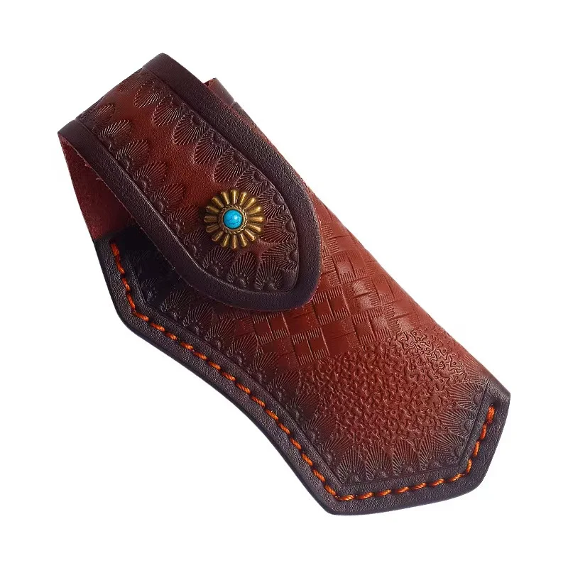 

High-End Good Quality Embossing Pattern Belt Design Leather Sheath Handmade Knife Bag Fitting Folding Knife