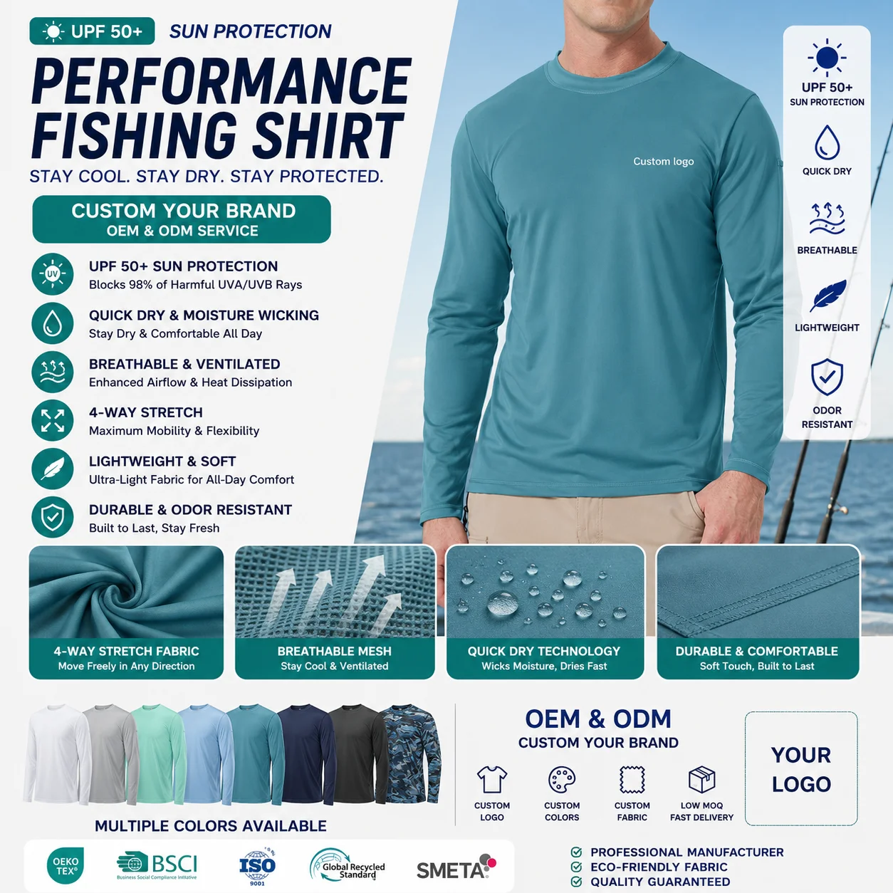 Custom Men's UPF 50+ Long Sleeve Quick Dry Fishing Shirt Quick Dry Moisture Wicking Lightweight 4 Way Stretch OEM Manufacturer