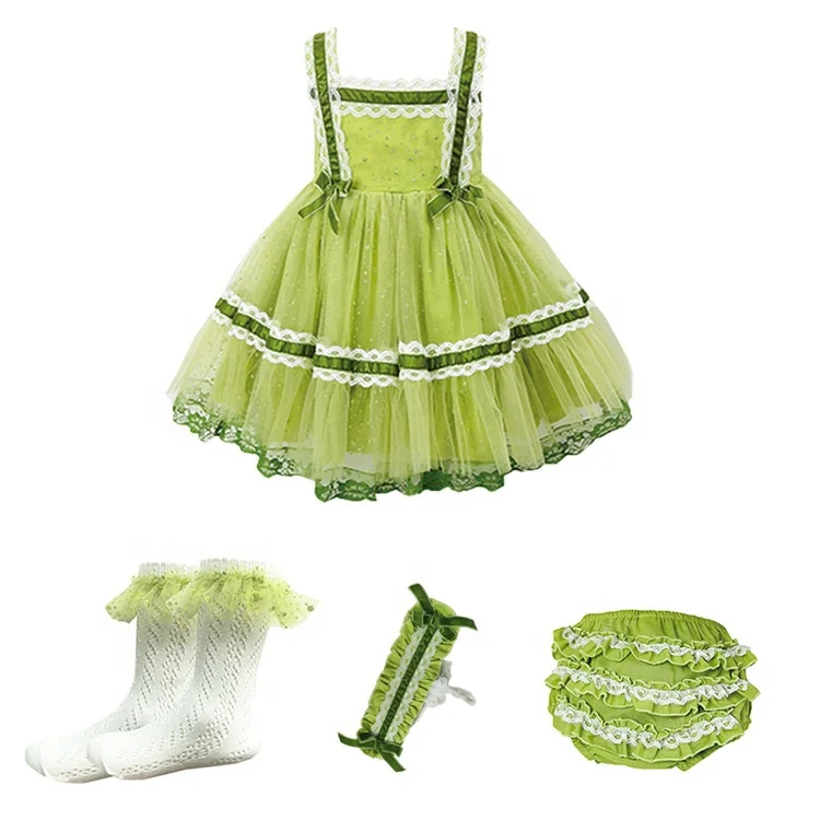 

Kids Tutu Princess Dress 4 Pcs Set Girls Sling Green Soft Yarn Suspender Spanish Dresses Vintage Ruffles Lace Bow Lolita Dress