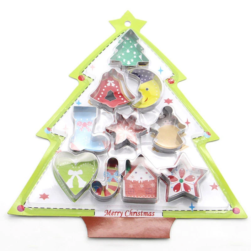 

10pcs Stainless Steel Santa Claus Christmas Tree Baking Tools Cake Biscuit Cookie Mould with Blister Card