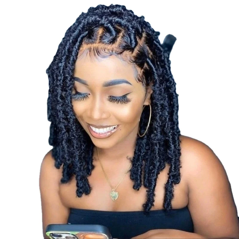 

Butterfly Locs Braided Lace Wigs Soft Knotless Handmade Synthetic Braids Wigs Lace Front Human Distressed Butterfly Locs Wigs, Red black