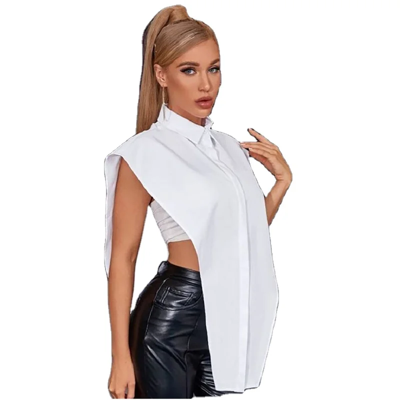 

women tops fashionable oversized sexy turn-down collar summer sleeveless shirt tops, Solid color