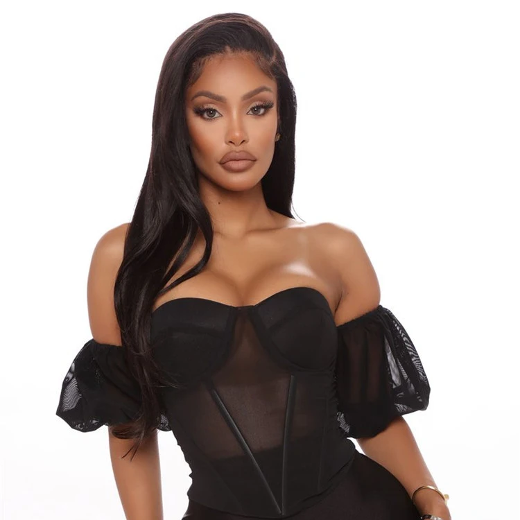 

Slash Neck Puff Sleeve Short Sleeve Mesh See Through Boned Backless Zipper Tops Woman Blouses Womens Blouses 2020 Black Blouse, Pink,black