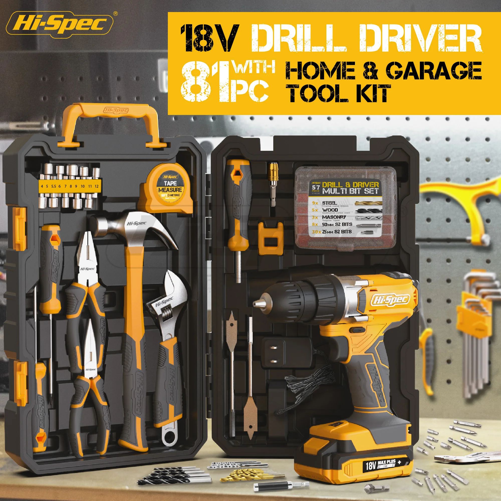 81pc Home Garage Tool Set With 18v Drill Driver Professional Steel