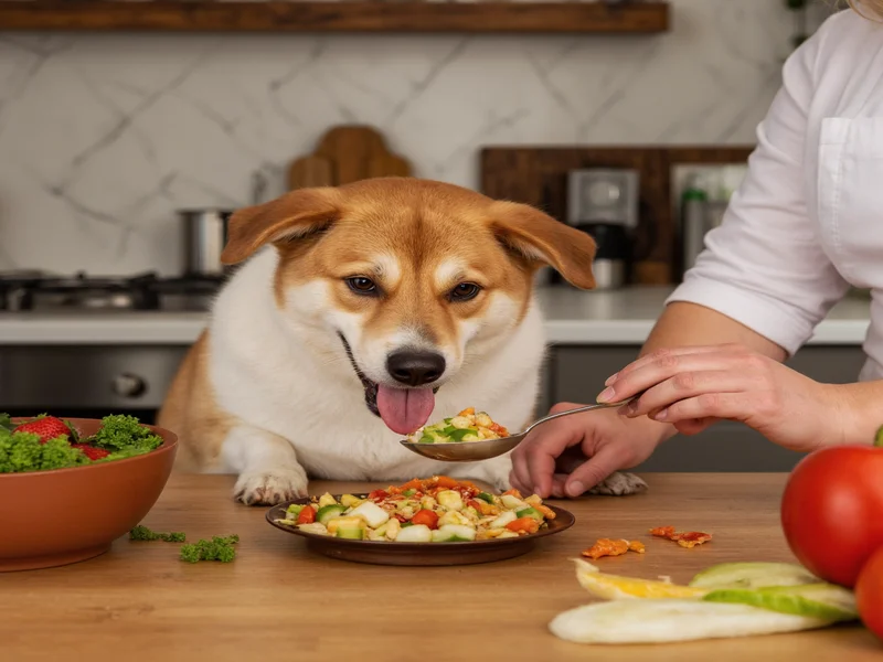 Homemade dog meal preparation with fresh ingredients
