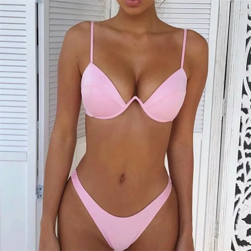 

Hot Sale Women Push-up Bandage Bikini Solid Color Swimsuit Low Waist Triangle Swimwear Sexy Bathing Suit Maillot De Bain Femme