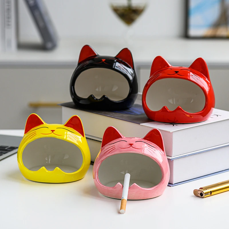 

Fortune Cat Shaped Office ornaments Multifunctional Storage Pot Ceramic Ashtray for Home decor