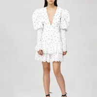 

2019Autumn Latest high quality ladies deep V neck gigot polka dot printed ruffles layered casual long sleeve dress for women